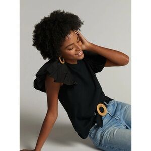 Maeve at Anthropologie Black Flutter Sleeve Top